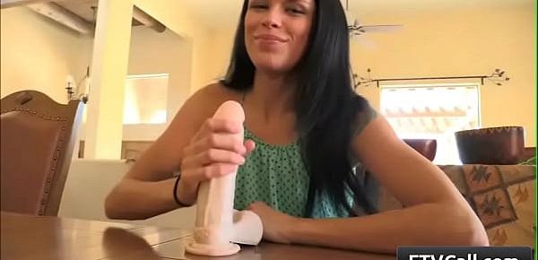 Horny and naughty sexy teen brunette amateur Mya fuck her juicy pussy with monster sex dildo on the table